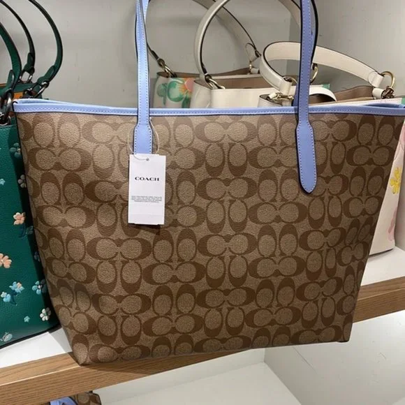 Coach 5696 City Tote In Signature Canvas In Khaki/Marble Blue - Picture 8 of 16